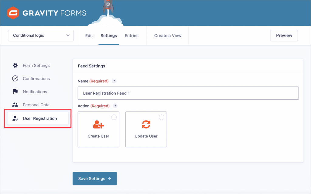 The "User Registration" feed in Gravity Forms