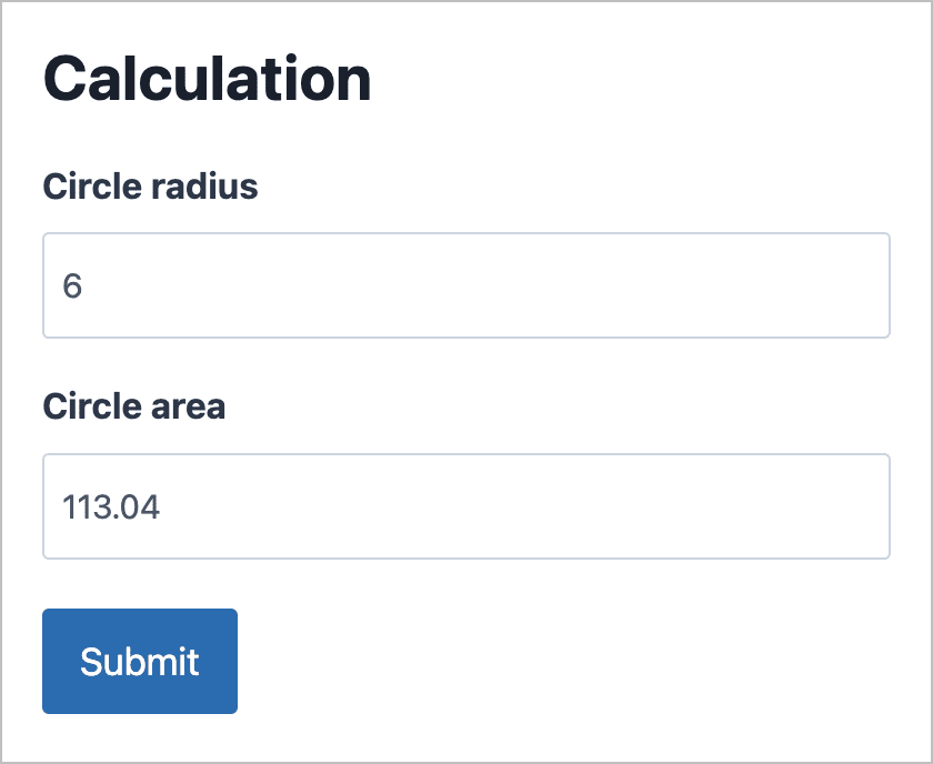 The Gravity Forms form on the front end with two fields - one for Circle radius and another to output the area