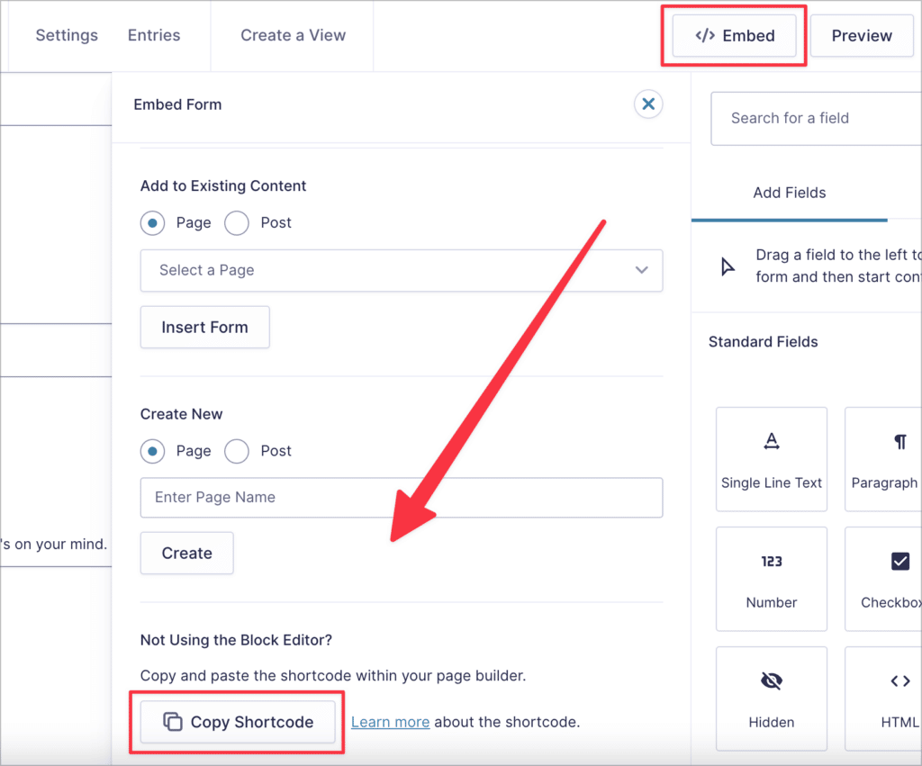 The 'Embed' menu inside the Gravity Forms editor, which has a button allowing you to copy the Gravity Forms shortcode.