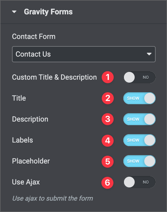 The different options for customizing a Gravity Forms using the Elementor widget