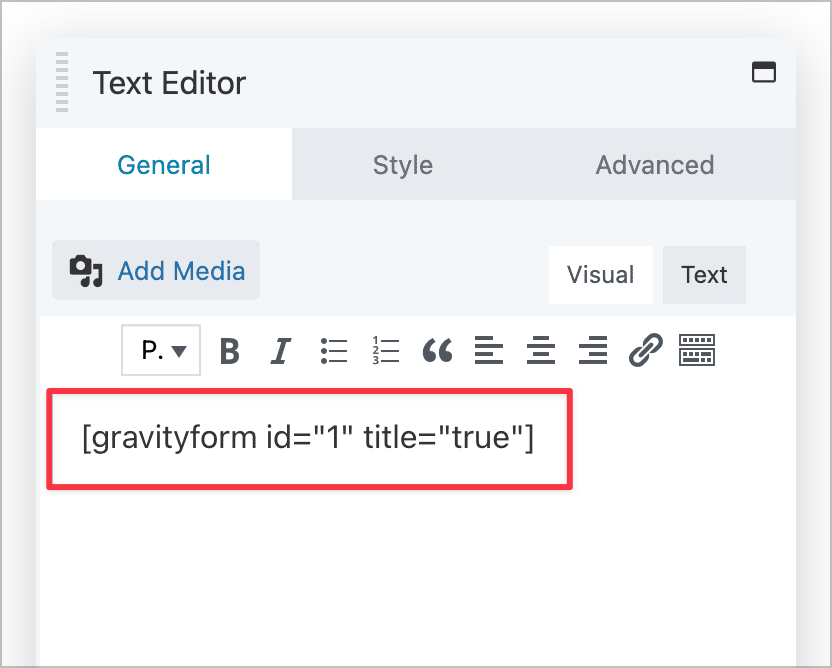 A Beaver Builder "Text Editor" module containing the "gravity form" shortcode for embedding forms