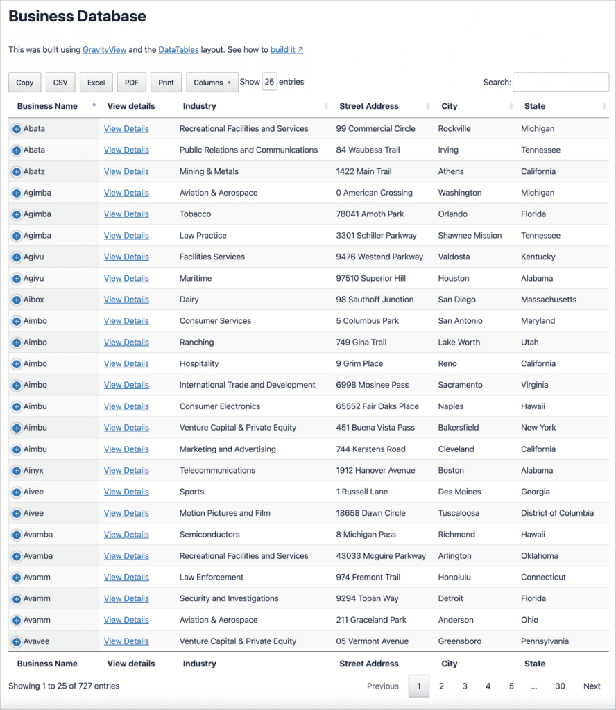 A business database, displaying Gravity Forms data