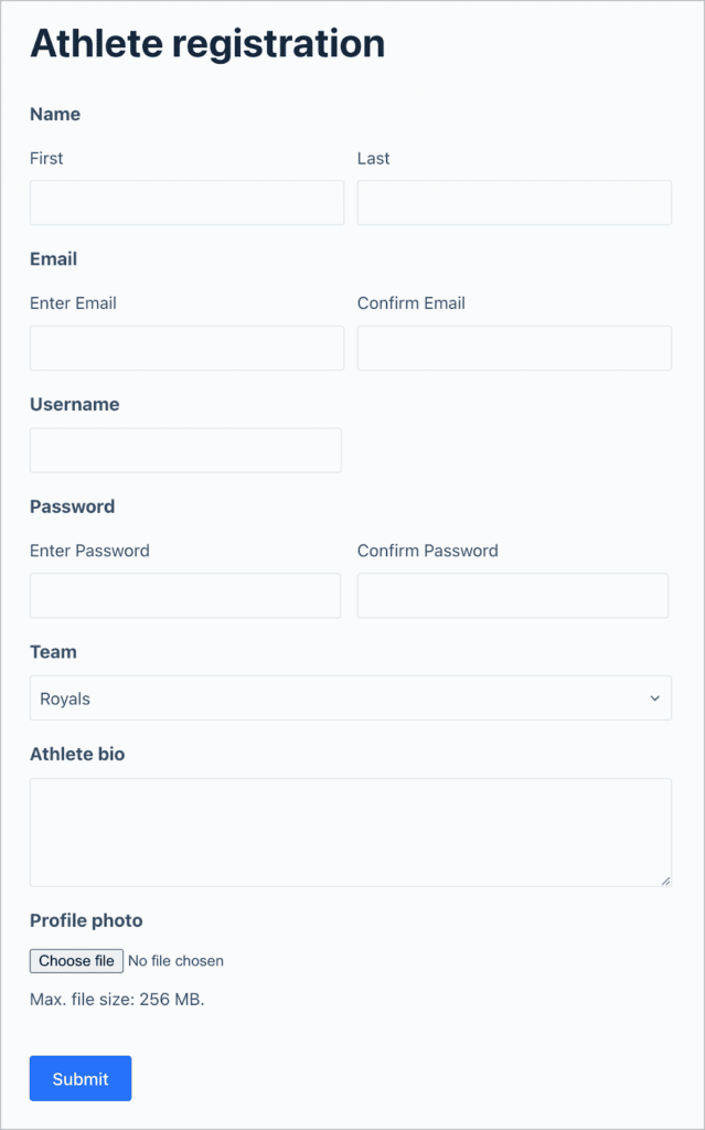 A registration form created using Gravity Forms containing the following fields: Name, Email, Username, Password, Team, Athlete bio, profile photo
