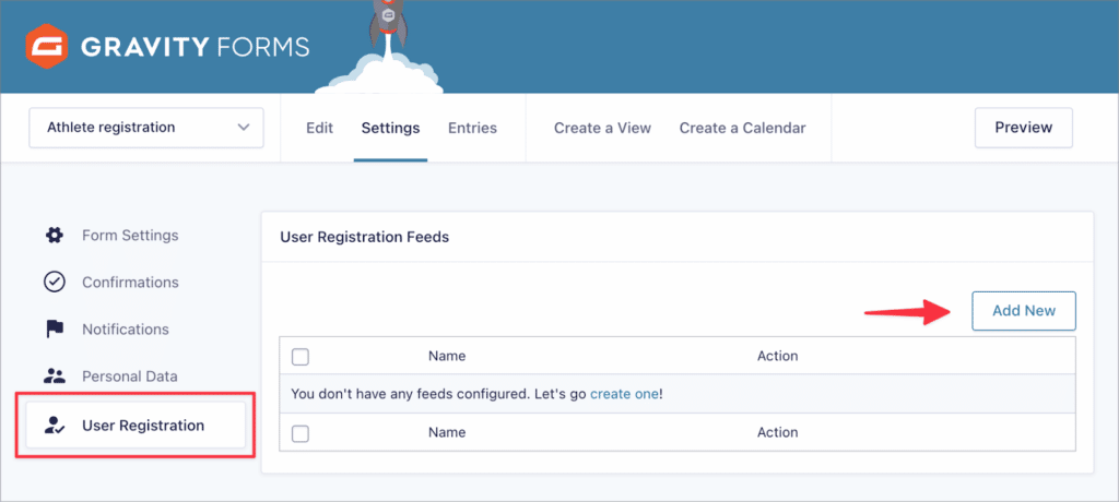 The 'Add New' button on the User Registration feed page in Gravity Forms
