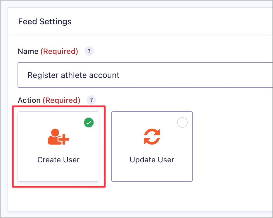 The 'Create User' option for a new User Registration feed