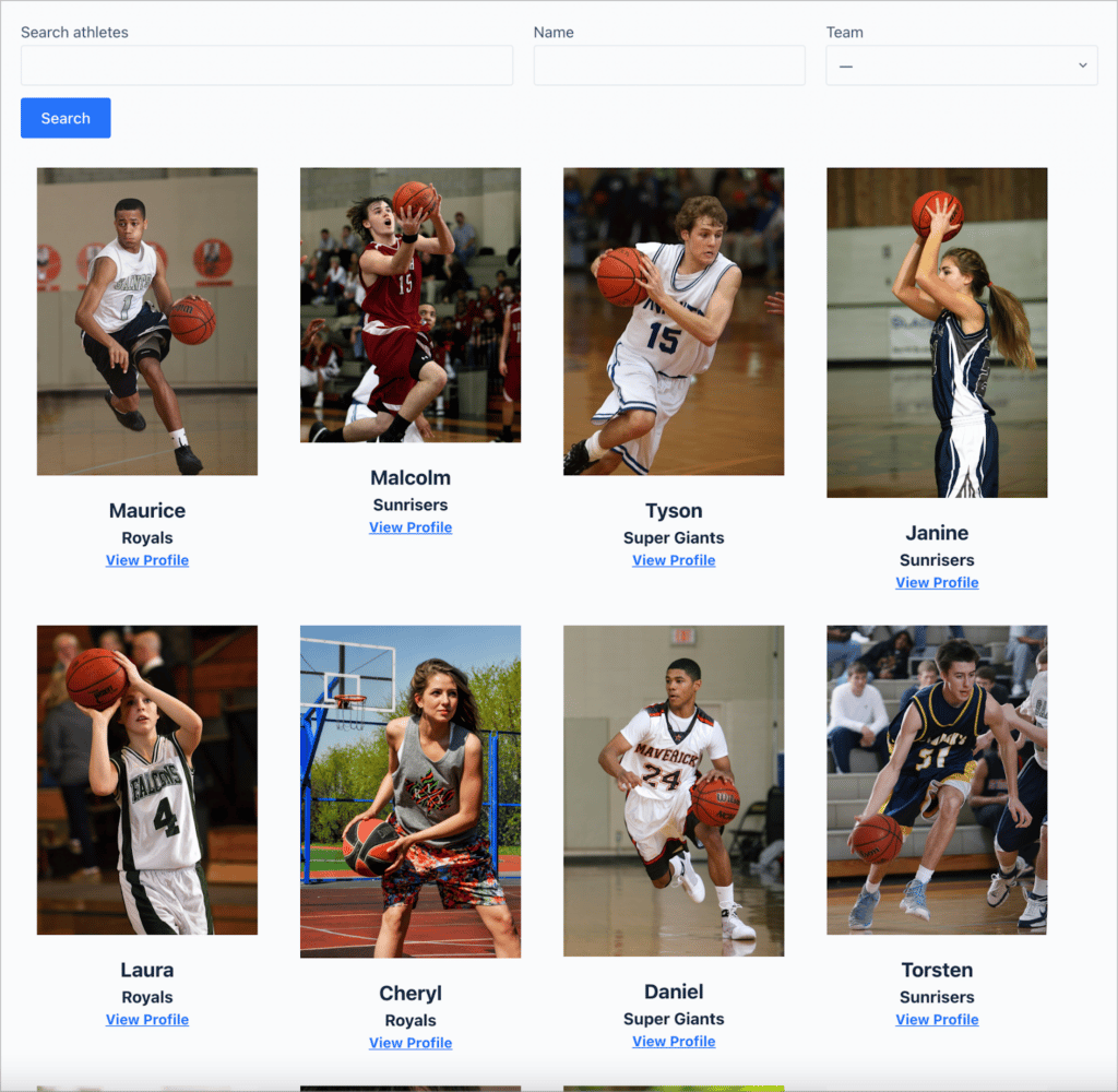 Athlete profiles displayed on the front end using GravityView