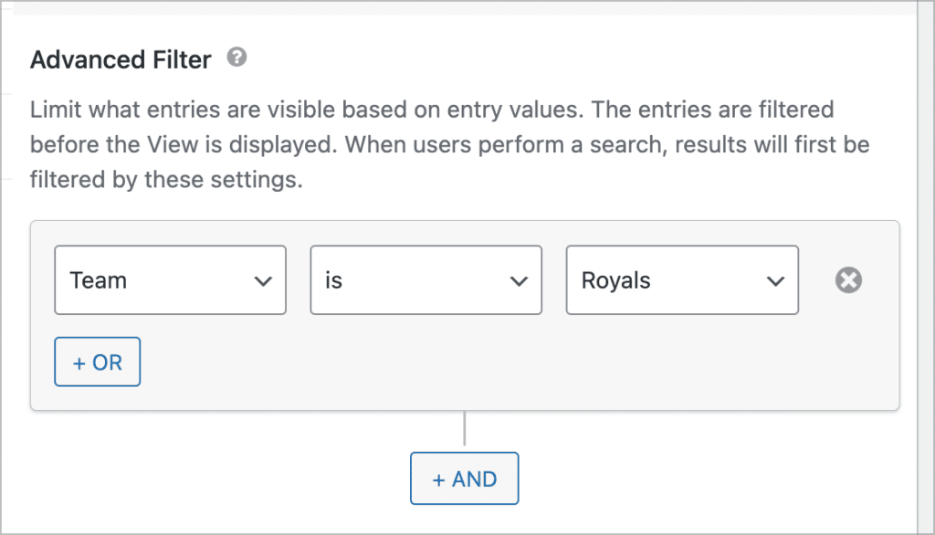 An advanced filtering condition: 'Team is Royals'.
