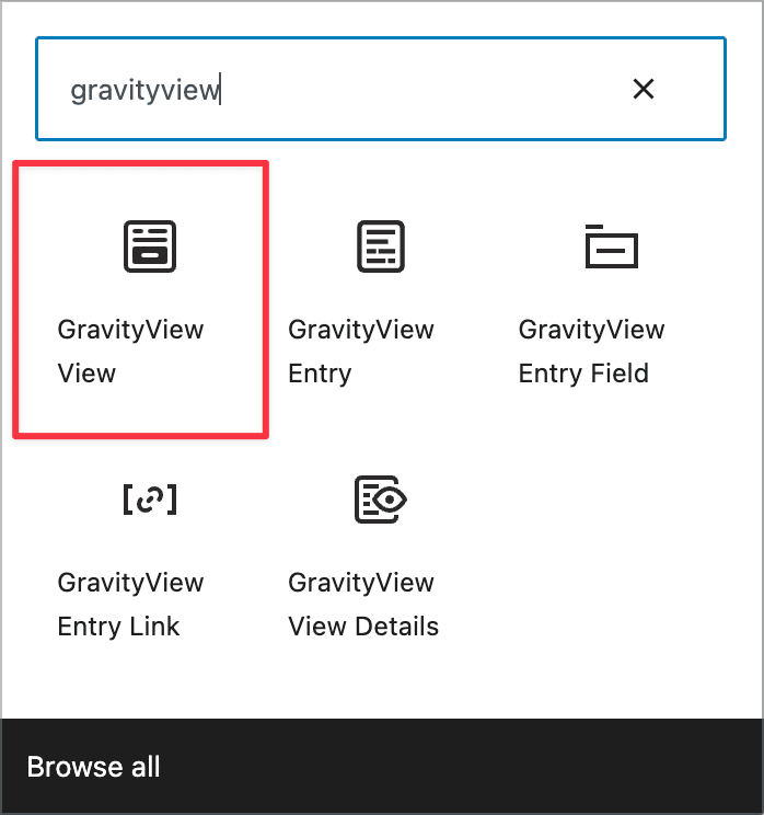 The 'GravityView View' block in the WordPress editor