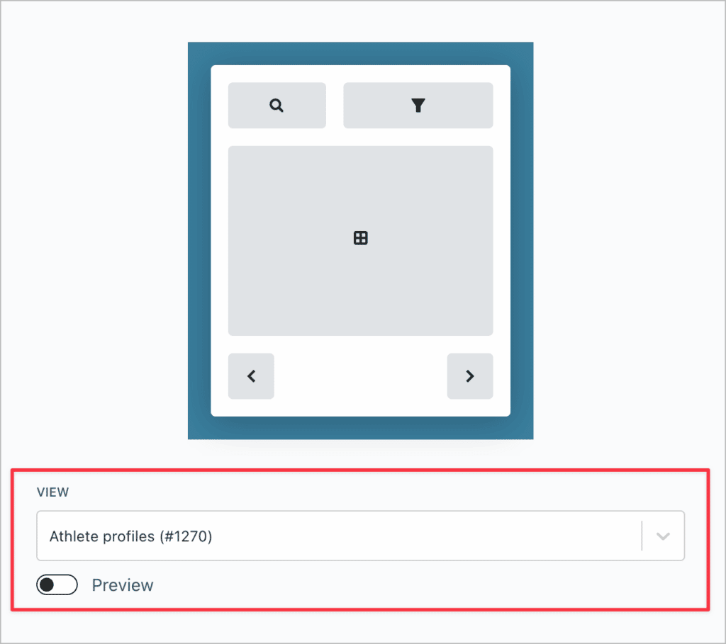 The dropdown menu for selecting a View on the GravityView View block