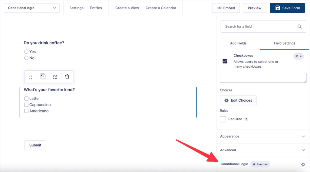 An arrow pointing to the 'Conditional Logic' tab in the Gravity Forms field settings