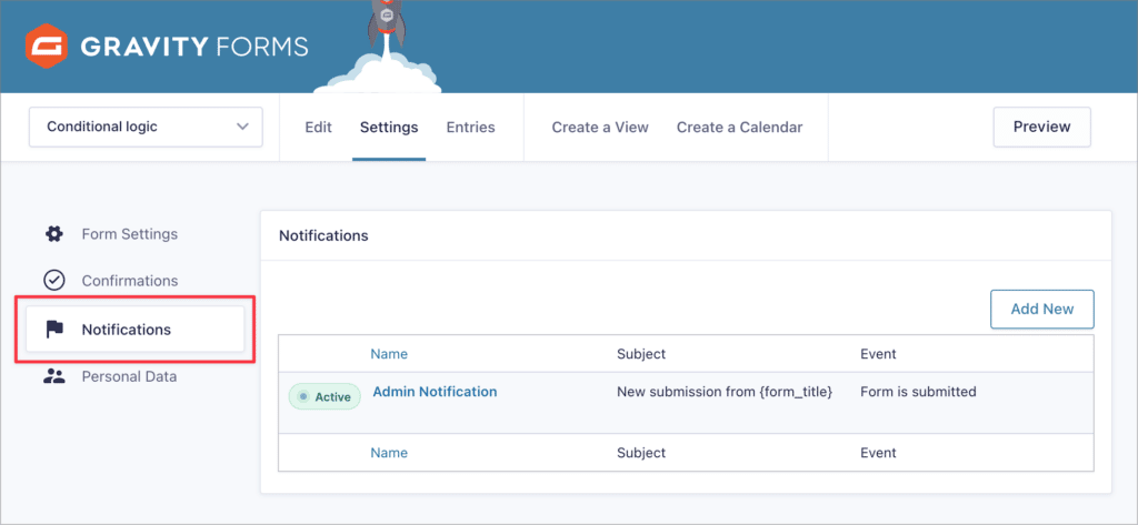 The Gravity Forms Notifications page