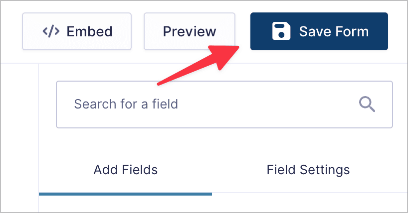 An arrow pointing to the "Save Form" button on the Gravity Forms form edit screen