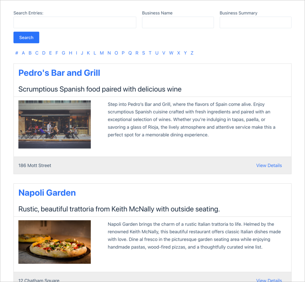 A directory showing a search bar at the top, clickable filter links and then business listings below (one after the other)