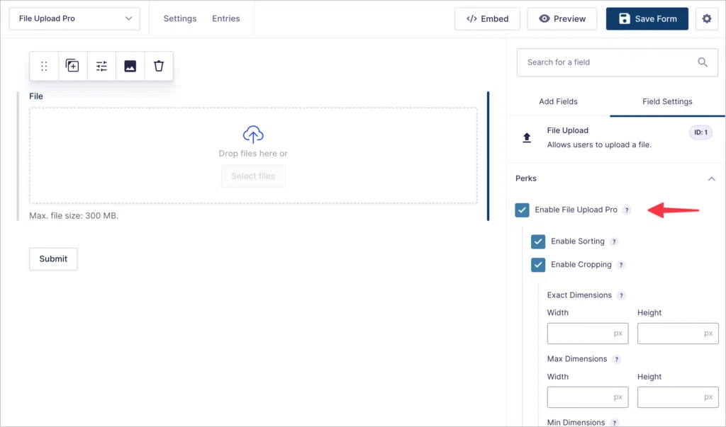 File Upload Pro – field settings