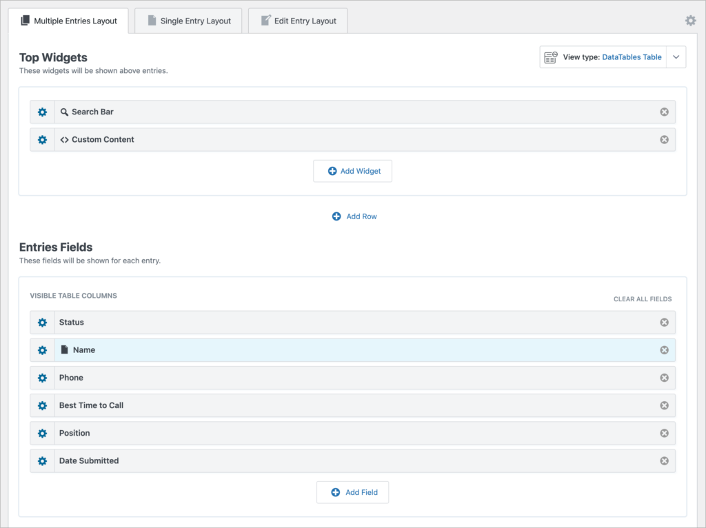 The GravityView visual view editor populated with different Gravity Forms fields