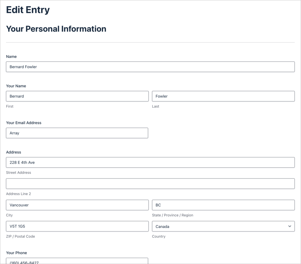 A front-end form with prefilled data allowing users to update an entry.
