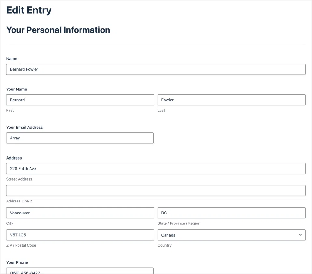 A front-end form with prefilled data allowing users to update an entry.