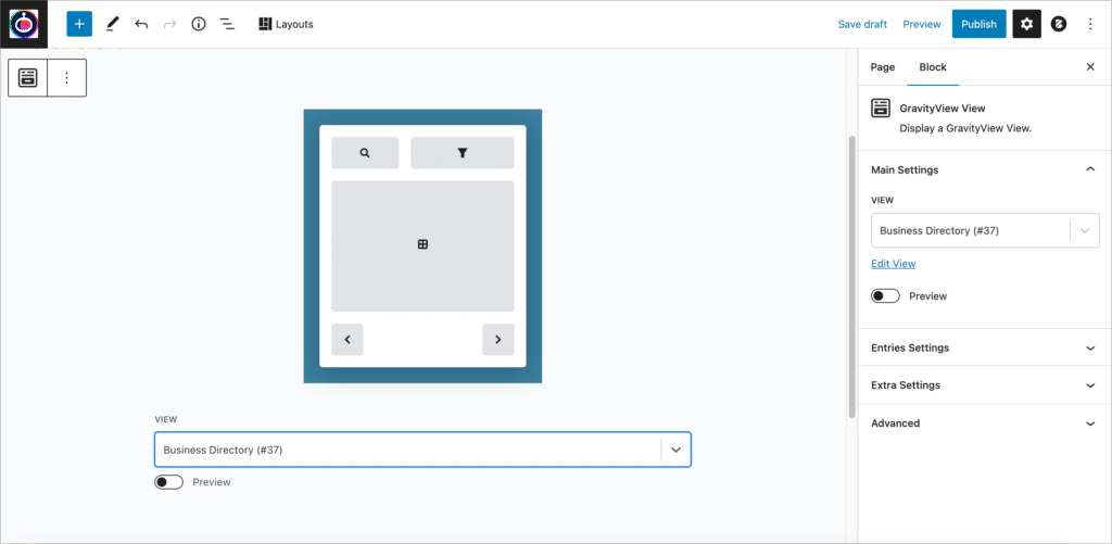 The GravityView View block inside the WordPress editor
