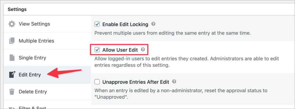 The 'Edit Entry' settings in GravityView