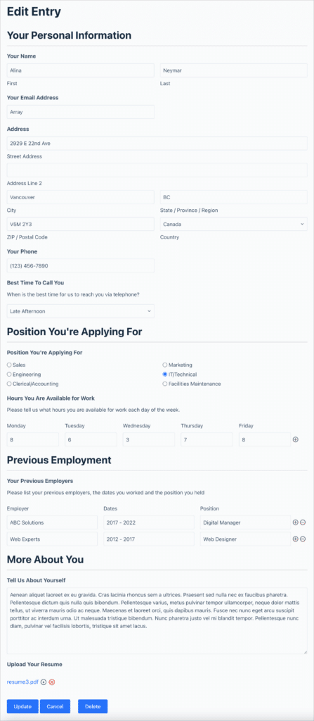 The GravityView Edit Entry page allowing users to edit entries from the front end