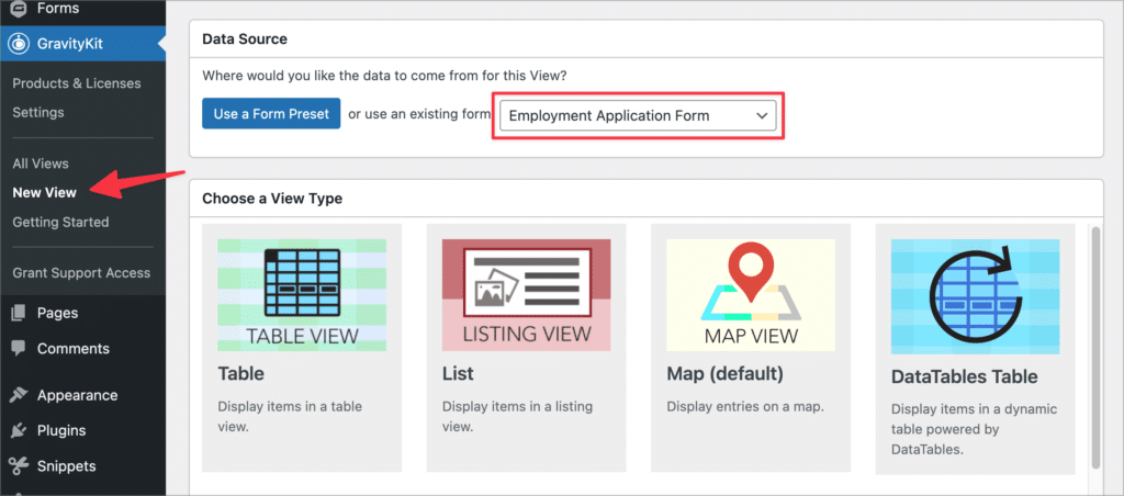 Creating a New View in GravityView