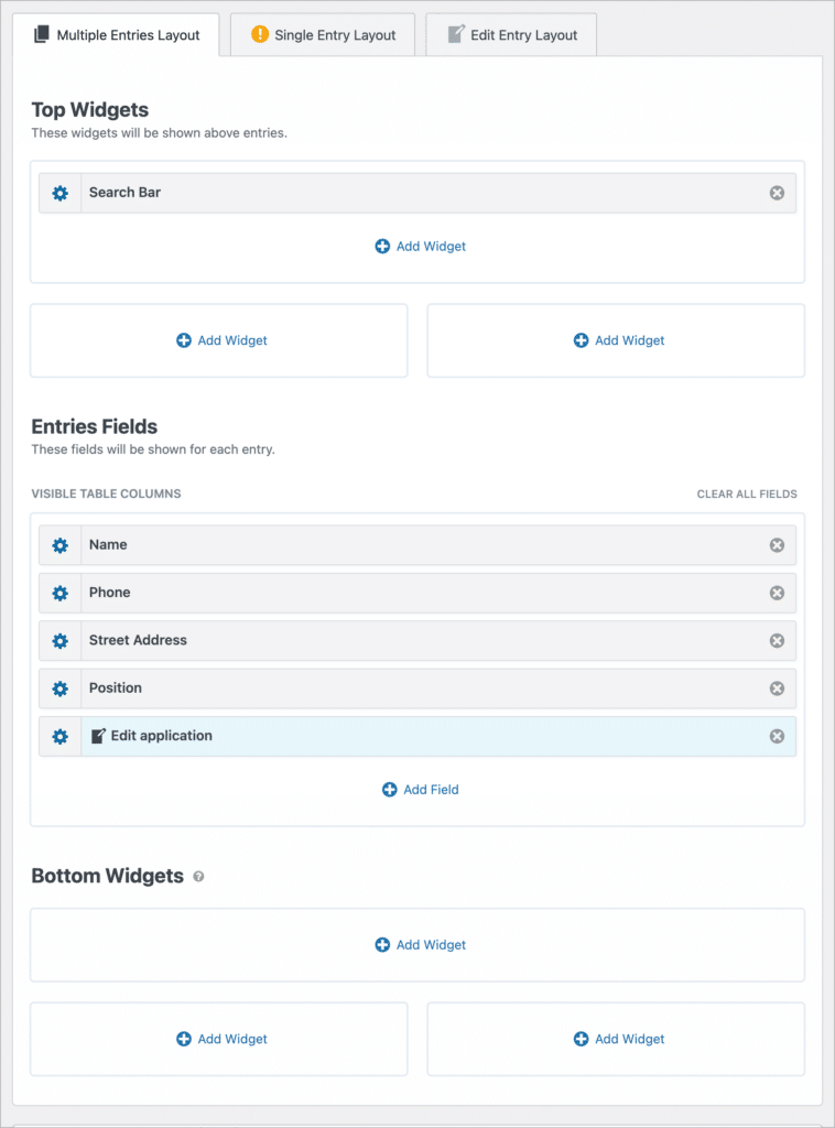 The GravityView visual view editor popullated with different Gravity Forms fields