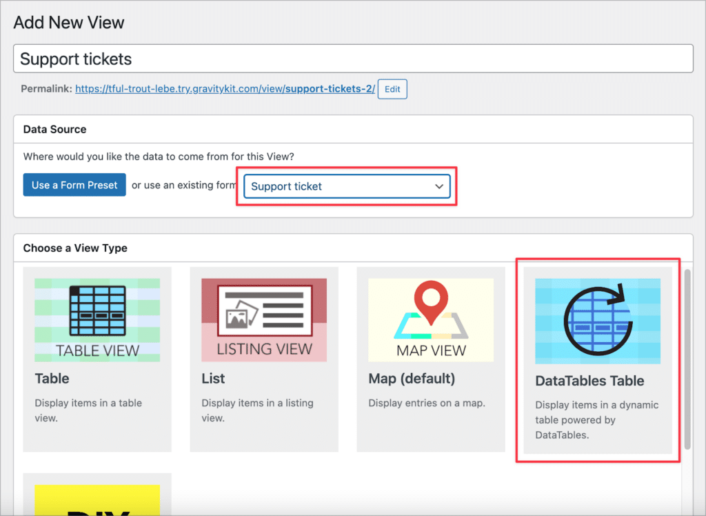 The screen when creating a new View, showing the data source and the View Type, which is set to "DataTables Table"