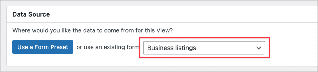 Using the 'Business listings' form as the data source for a GravityView View