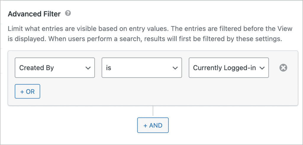 The GravityView Advanced Filter showing the following condition: "Created By is Currently Logged-in"