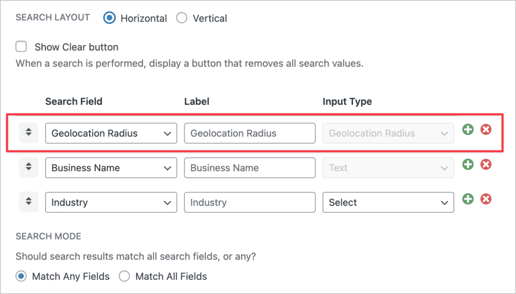 The 'Geolocation Radius' search input field for the GravityView Search Bar widget