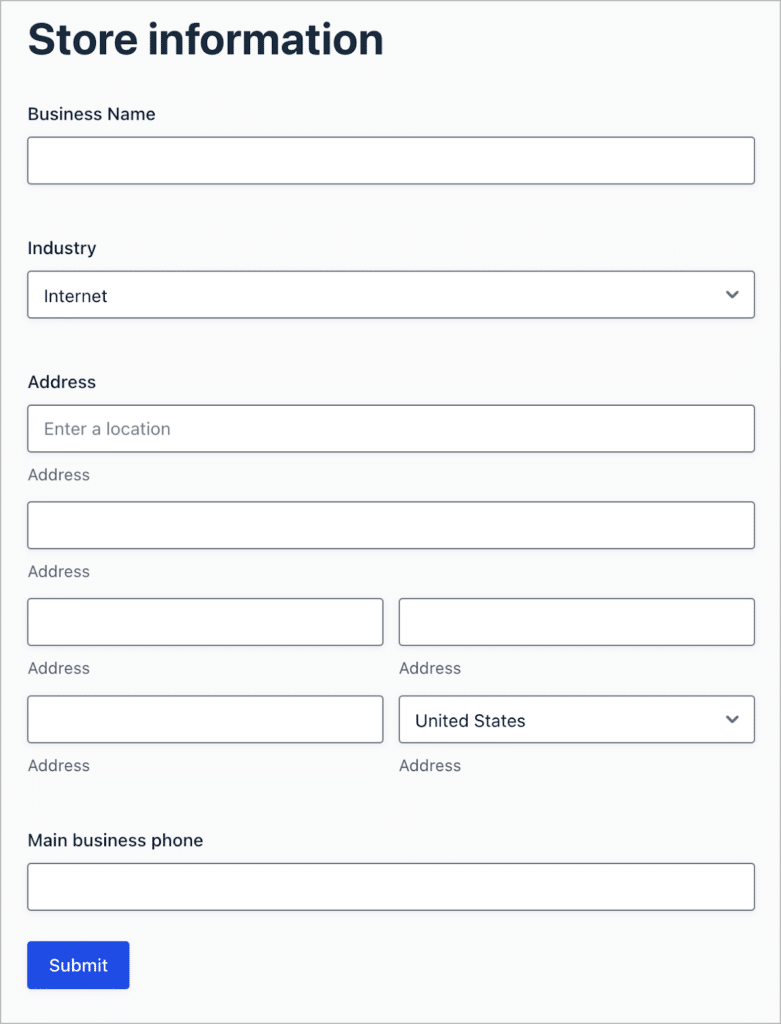 A Gravity Form with fields for business name, industry, address and phone number