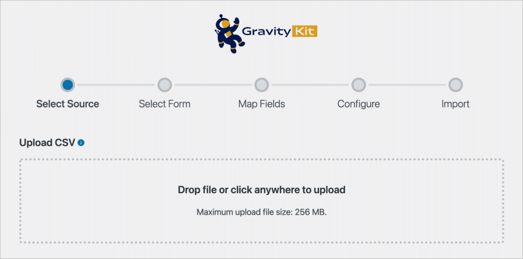 The 'Import Entries' page for importing entries from a CSV file to Gravity Forms using GravityImport