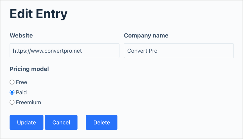 The Edit Entry layout on the front end