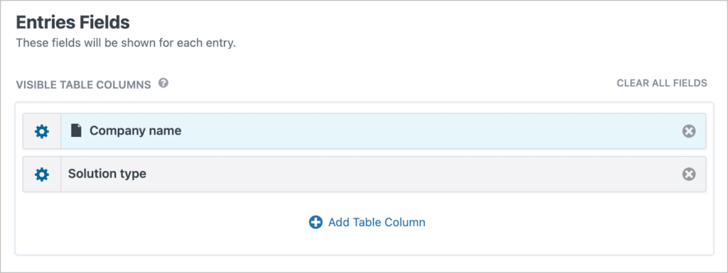 The "Entries Fields" section of the View editor with two fields—Company name and Solution type.