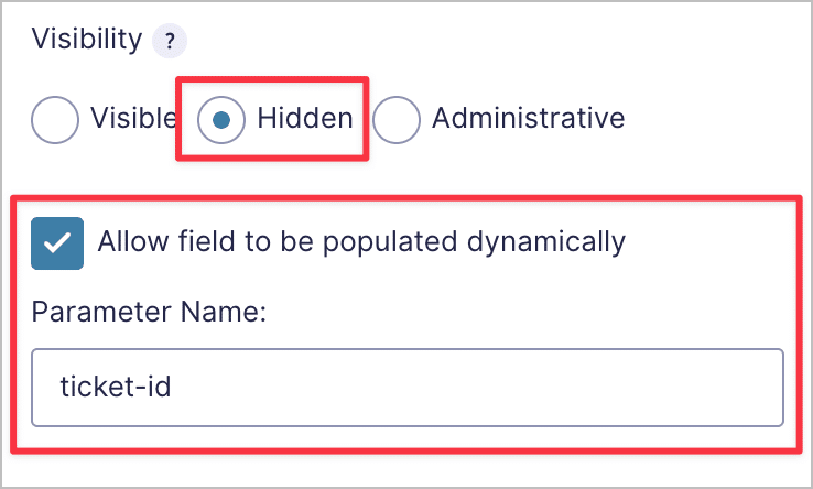 The advanced field settings. Visibility is set to "Hidden" and the "Allow field to be populated dynamically" is checked. There is also a parameter name in the "Parameter Name" box