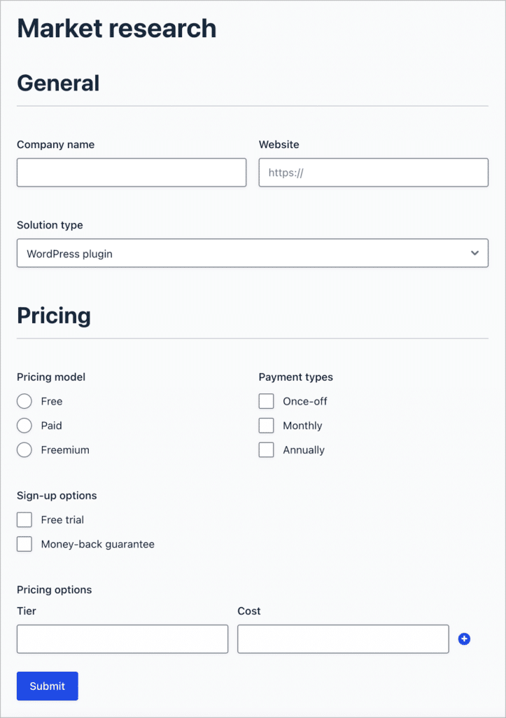 A Gravity Forms on the front end, with fields for capturing information about software tools