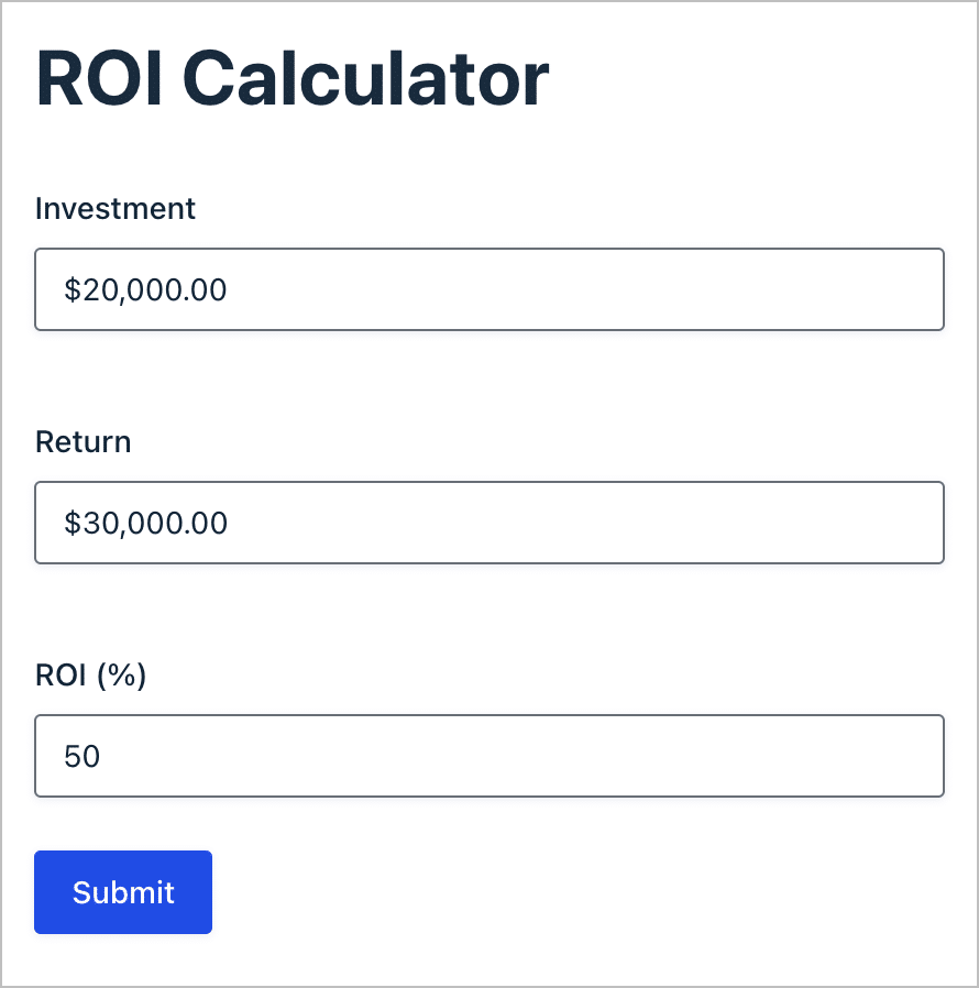 An ROI calculator form built using Gravity Forms