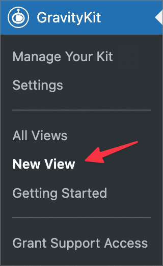 The 'New View' link under the 'GravityKit' menu item in WordPress