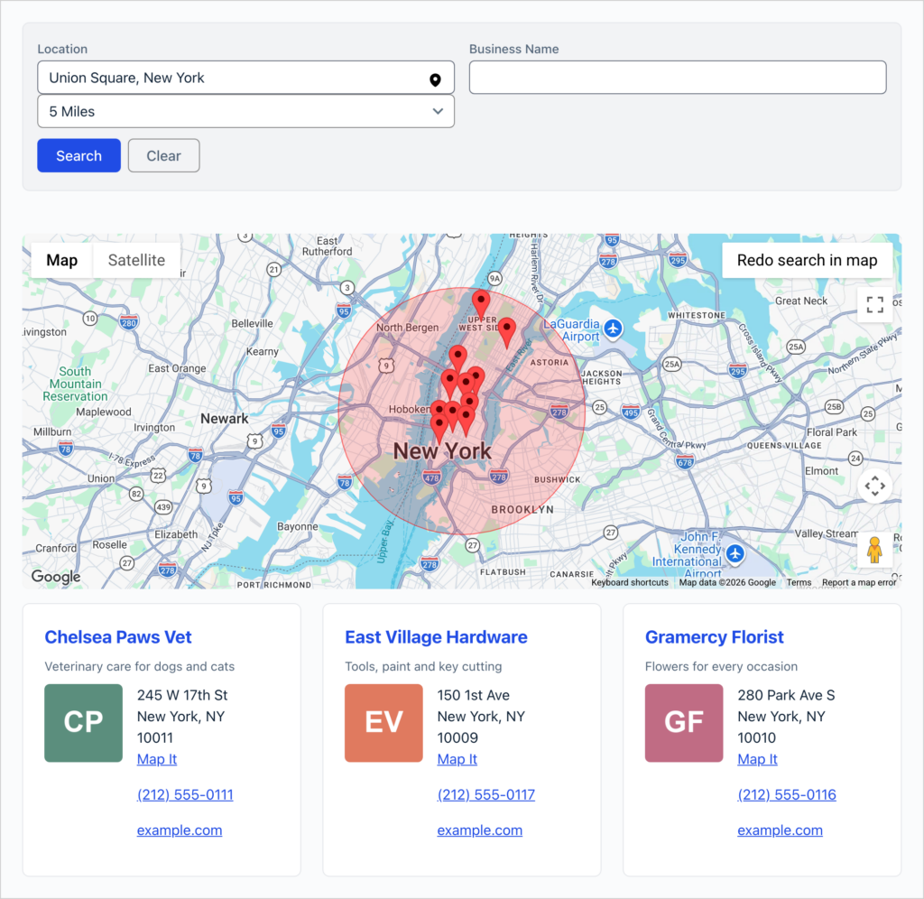 A directory built with the GravityView Maps layout, showing a 5-mile radius search, listings with images and details, and a Google Map with a marker for each listing