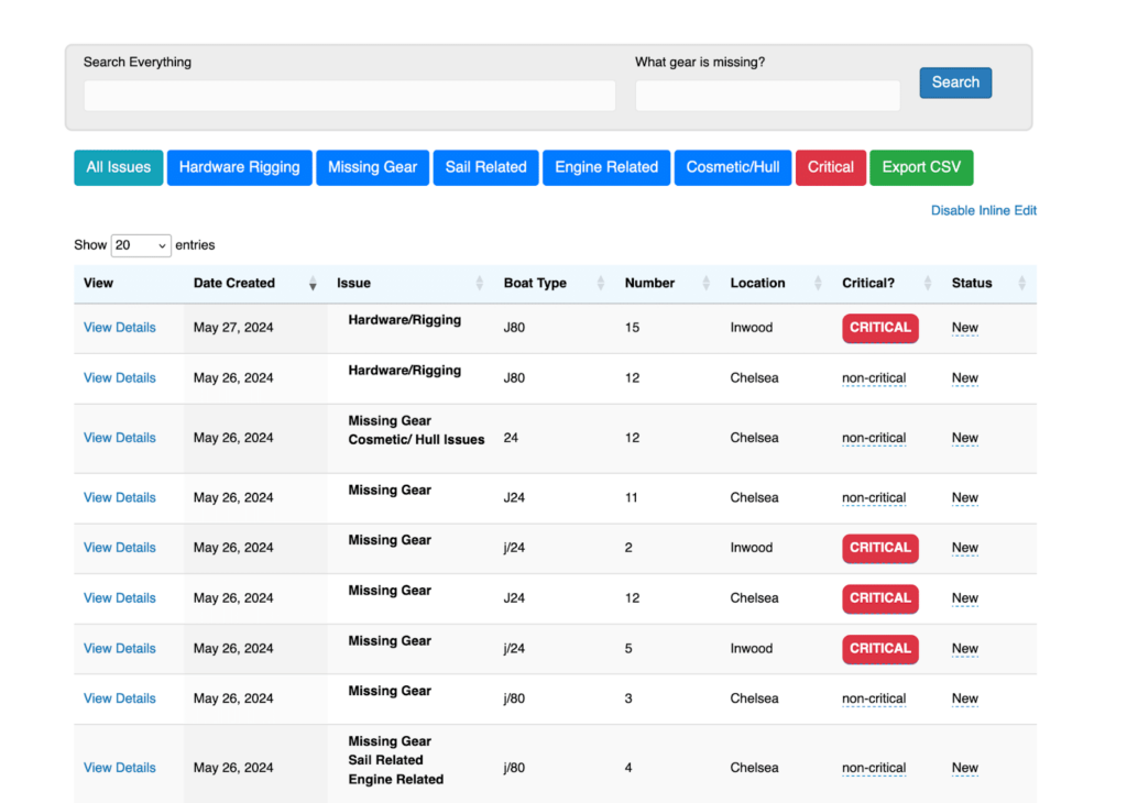 A table displaying issues with boats; the system enables technicians to track and monitor issues online.