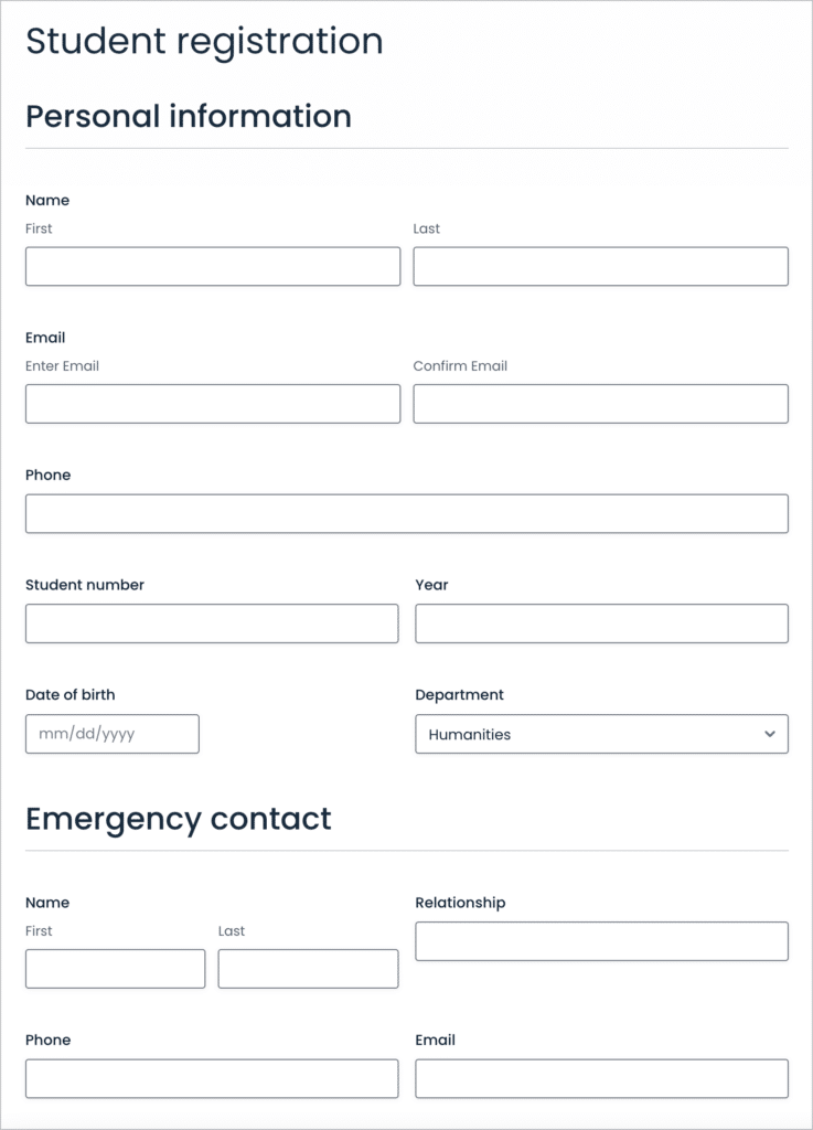 A student registration form built using Gravity Forms
