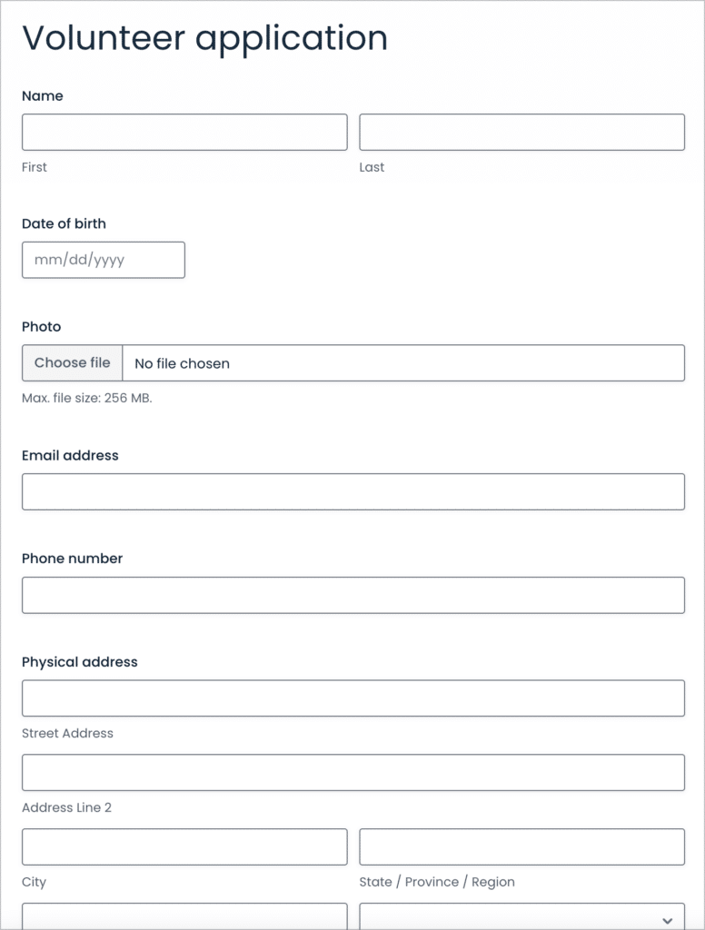 Volunteer registration form built with Gravity Forms