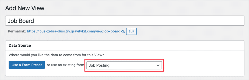 Creating a new View with the title 'Job Board'