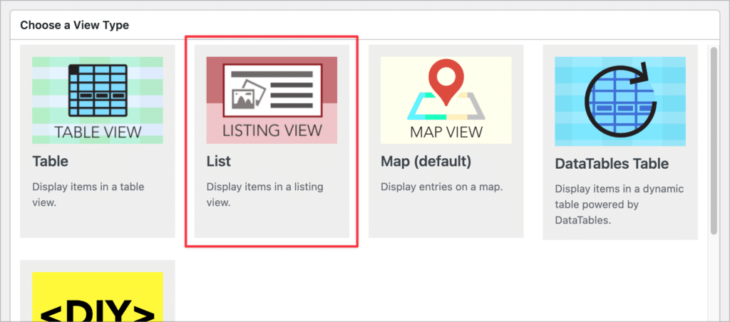 The different View Types in GravityView with a highlight around the List layout