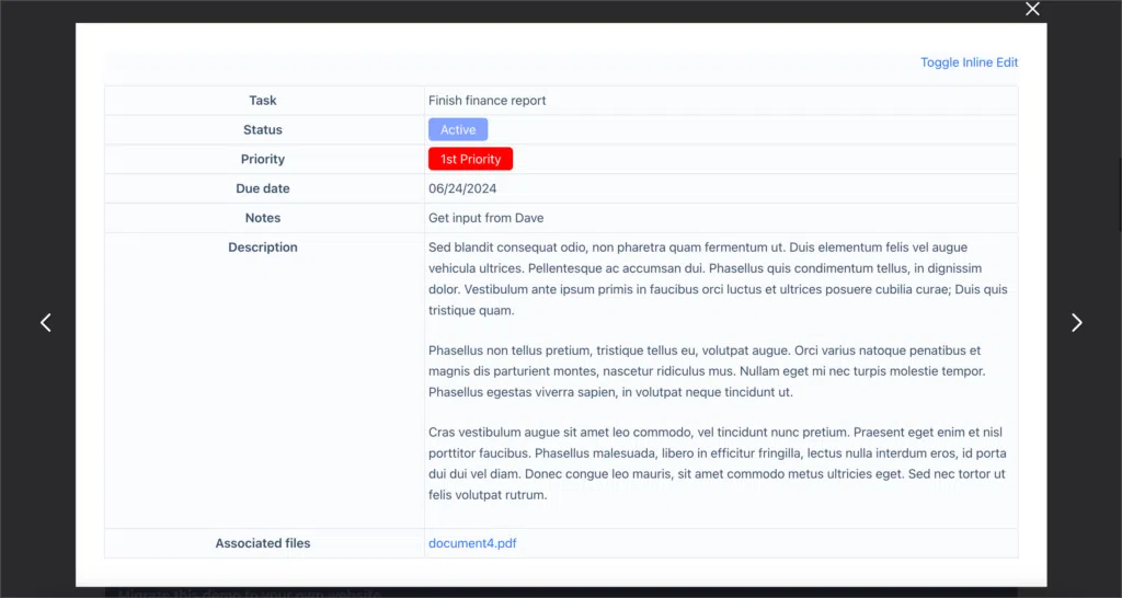 A lightbox showing information about a specific task, including a description, documents, and notes.