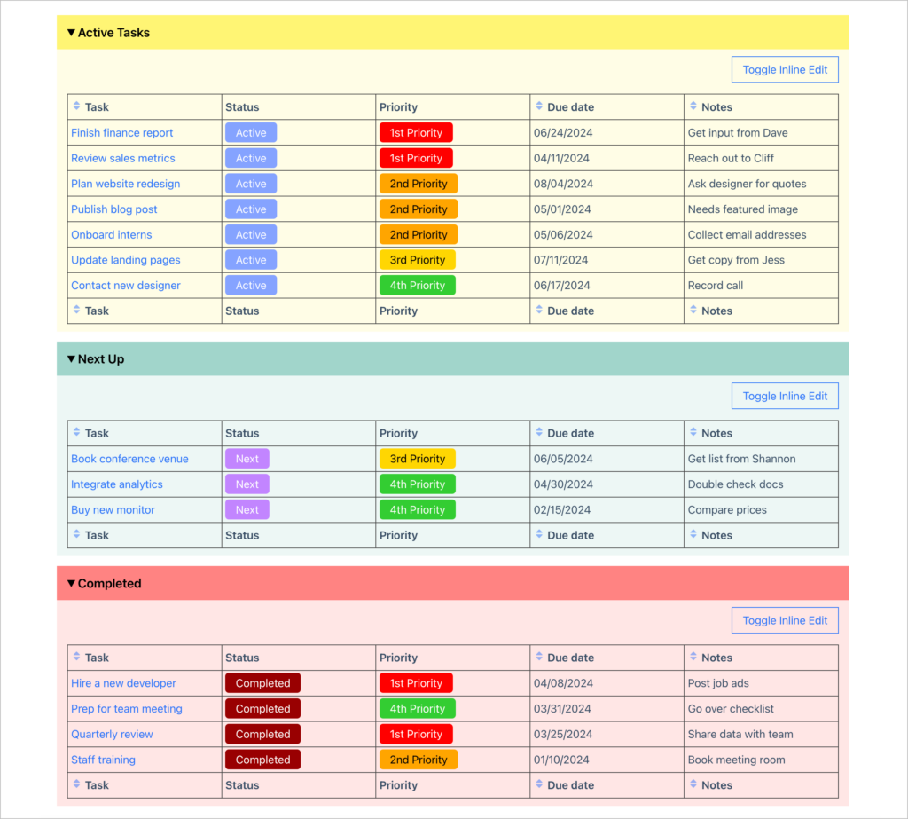 A task management system created with GravityView; there are three task tables—'Active', 'Next Up' and 'Completed'.