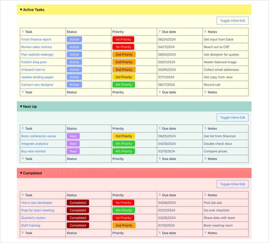 A task management system created with GravityView; there are three task tables—'Active', 'Next Up' and 'Completed'.