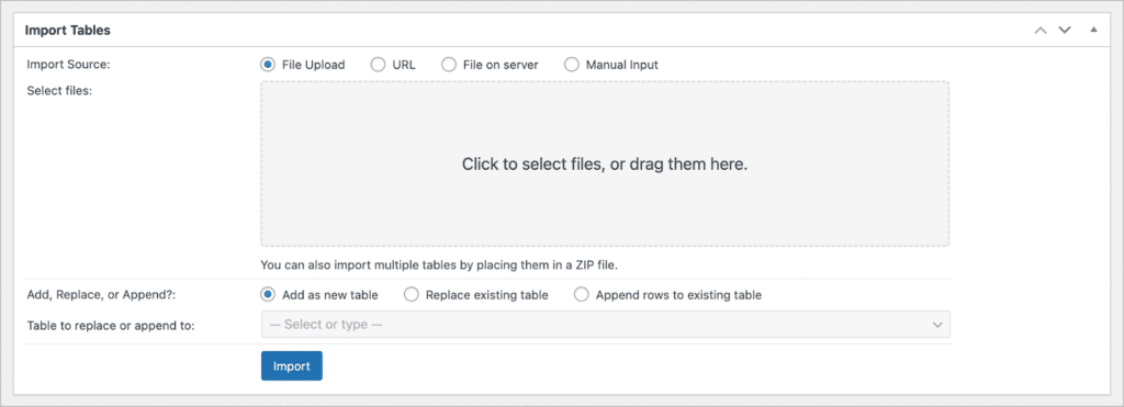 The import page in TablePress