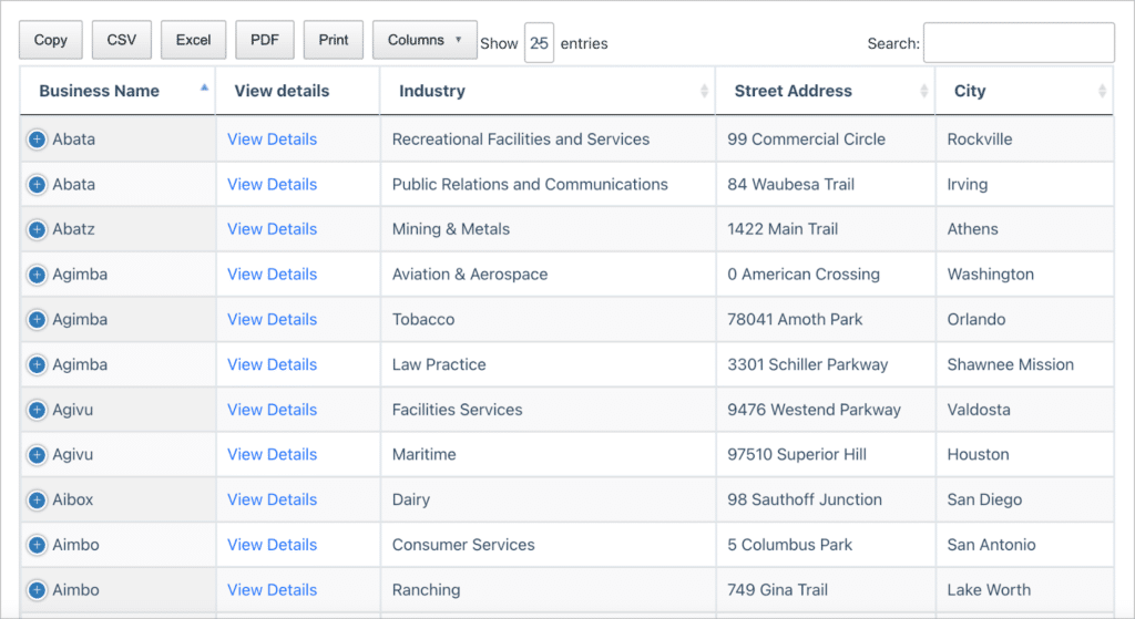 A DataTable containing Gravity Forms data, created using GravityView