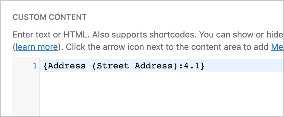 The GravityView custom content text editor